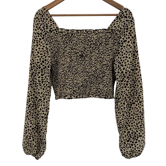 SHEIN Animal Print Smocked Body Balloon Sleeve Crop Top Size Large Square Neck - Picture 3 of 4